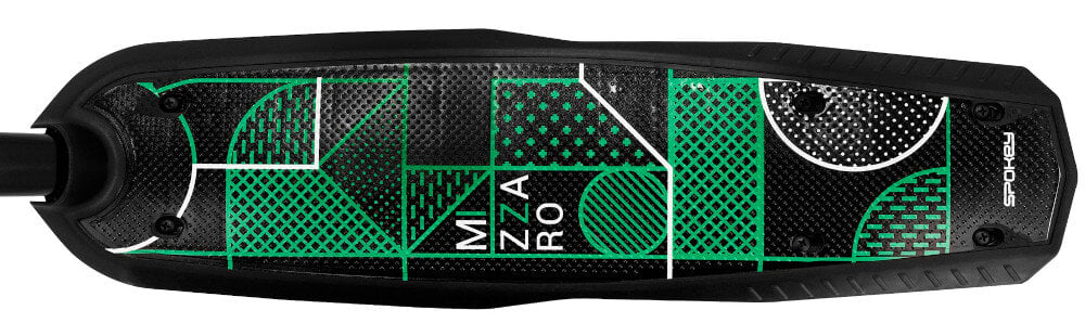 Hulajnoga elektryczna SPOKEY Mizzaro Czarno-zielony z wytrzymalej stali i wysokiej jakosci tworzyw sztucznych waga 11 kg poklad szeroki antyposlizgowa powloka bezpieczenstwo podczas jazdy