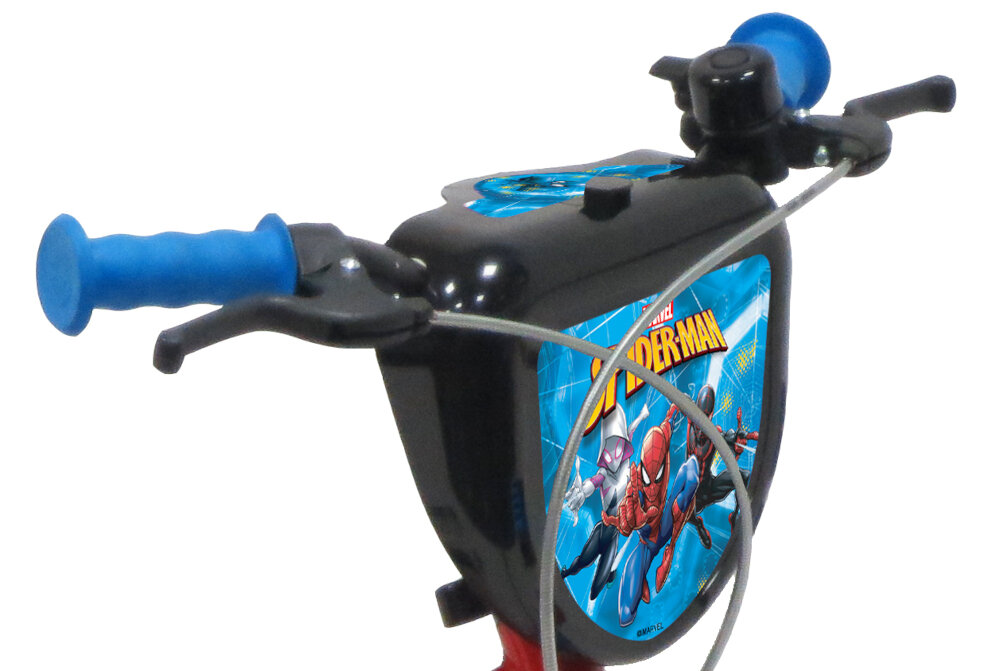 Rower dziecięcy MARVEL Spider-Man 16 cali dla chłopca najwyższy komfort jazdy dziecko nie odczuje dyskomfortu odpowiednia pozycja ciała kierownica niebieskie uchwyt z antypoślizgowego materiału kolorowa plakietka z postacią Spidermana