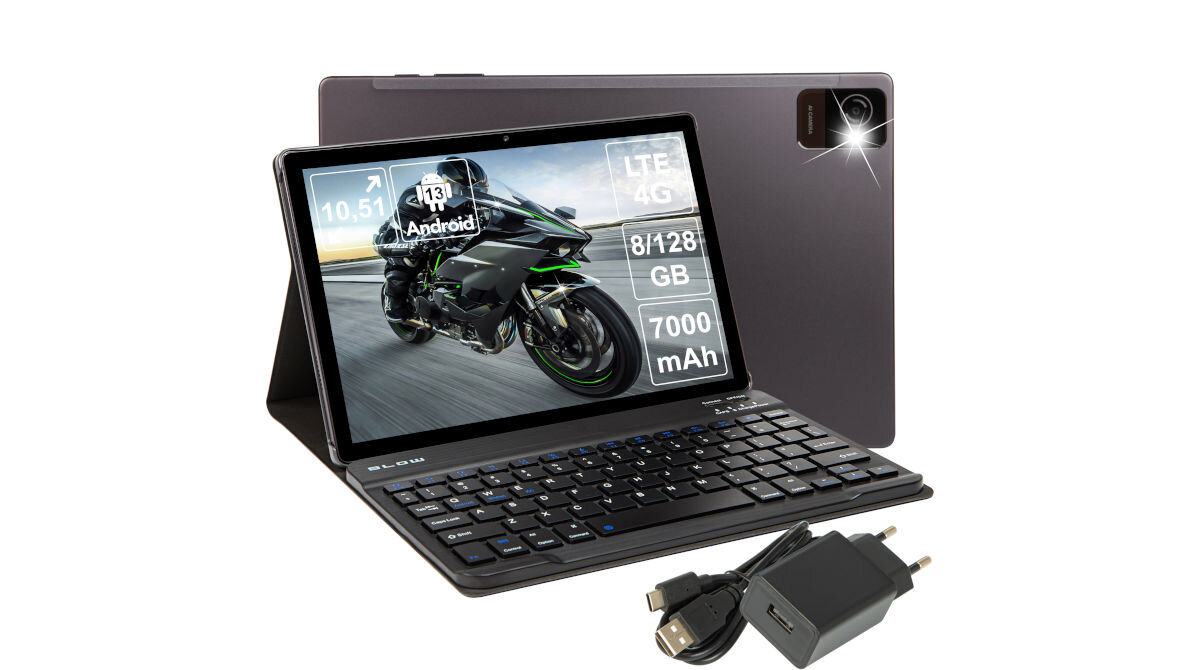 Tablet BLOW PlatinumTAB11 10.51 8/128 GB LTE Wi-Fi Szary + Klawiatura ładowarka sieciowa USB-A, kabel USB-A / USB-C, etui z klawiaturą, instrukcja obsługi w języku polskim.