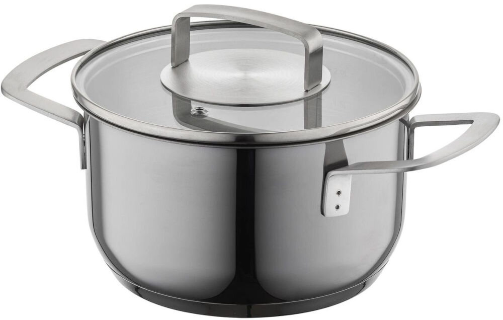 Garnek FLORINA Infinity  18 cm garnek stojący bokiem pokrywka uchwyty srebrny białe tło srebrne wykończenie nadanie elegancki komponuje się z każdym stylem kuchni stylowy design do współczesnych i klasycznych wnętrz minimalistyczny prosty kształt funkcjonalność  estetyczny dodatek  