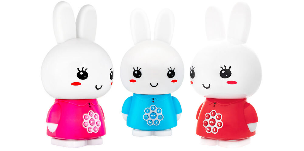 Zabawka edukacyjna ALILO Honey Bunny G6 Fioletowy nauka poprzez zabawę, fabrycznie wgrane popularne polskie i angielskie utwory 
					dla dzieci funkcja aktualizacji danych za pomocą kabla zakończonego wtyczką USB-B kabel USB-A / USB-B w zestawie, trzy zabawki na białym tle - wersja różowa niebieska i czerwona