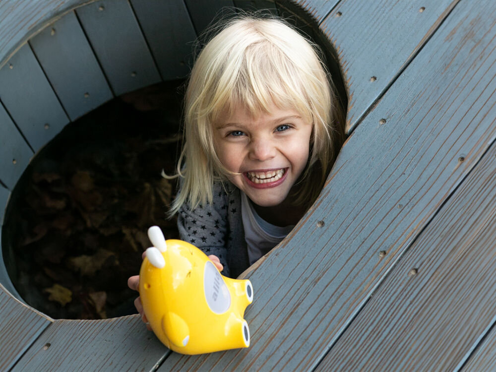Zabawka edukacyjna ALILO Happy Bunny P1 Żółty automatyczne wyłączanie po 10 minutach bezczynności, zasilanie trzema bateriami AA, produkt w kolorze żółtym, dziewczynka