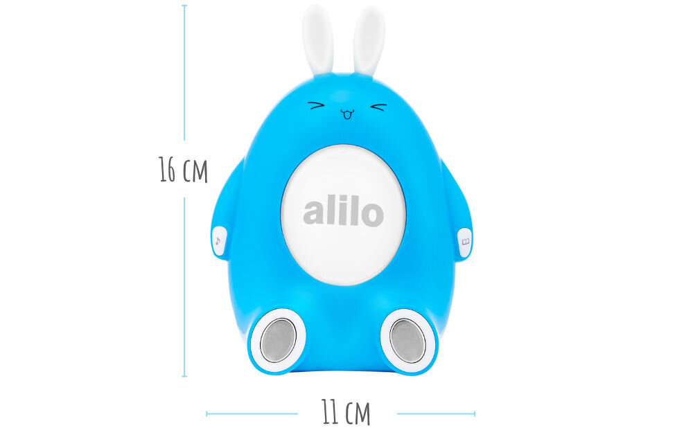 Zabawka edukacyjna ALILO Happy Bunny P1 Żółty kompaktowy i wygodny rozmiar zaprojektowany tak, aby
					dobrze pasował do małych rączek dzieci wymiary ok. 16 x 11 x 10 cm, produkt w wersji niebieskiej na białym tle, wektory z wymiarami