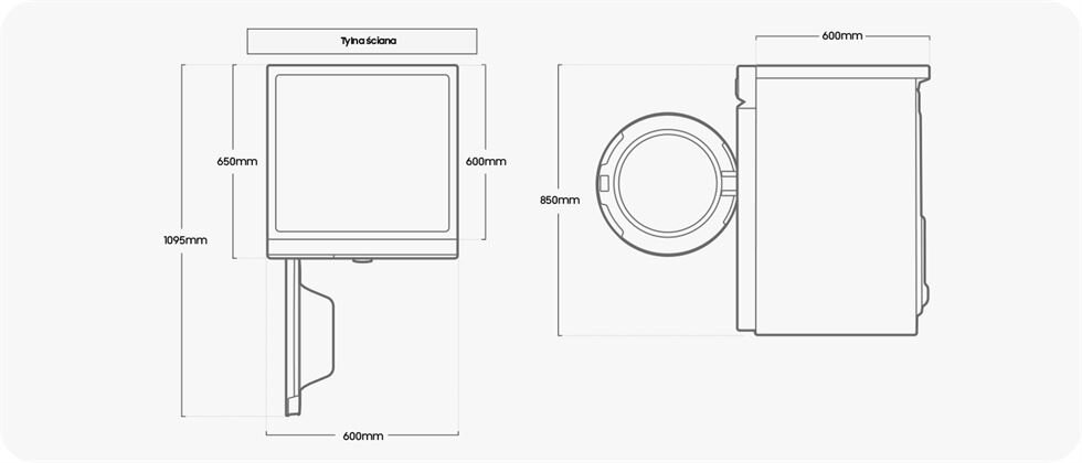 Rysunek techniczny przedstawiający wymiary suszarki: Samsung DV90T5240AWS6