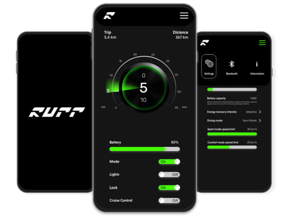 Hulajnoga elektryczna RUPTOR R1 Lite Czarny wbudowany modul Bluetooth bezplatna aplikacja mobilna RUPTOR monitorowanie stanu technicznego pojazdu zmiana ustawien ustawienie alarmu i blokady na systemy Android i iOS