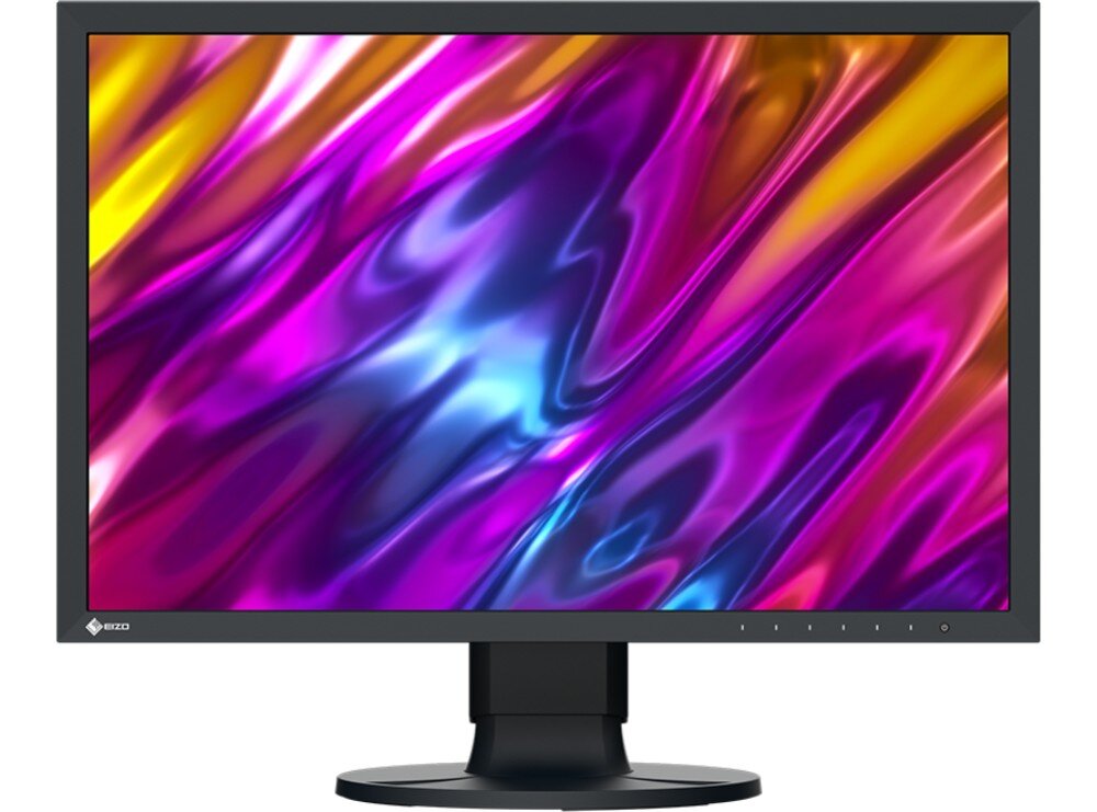 Monitor EIZO ColorEdge CS2400S Monitor na białym tle wyświetlający abstrakcyjną, kolorową grafikę w odcieniach różu, fioletu, żółci i błękitu. Przednia część monitora z widocznymi przyciskami sterującymi, przeznaczenie, kolory, barwy