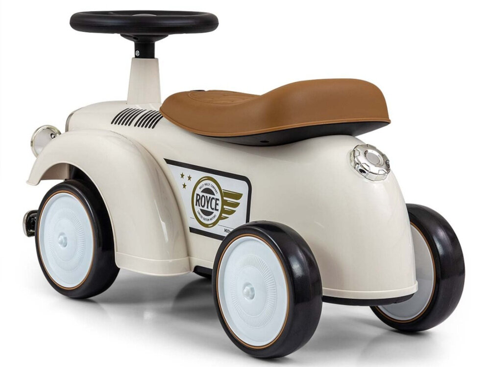 Jeździk MILLY MALLY Royce Biały waga 2,3 kg ergonomicznym design latwy do prowadzenia i przenoszenia siedzisko pikowane w jasnobrazowym odcieniu wyprofilowane