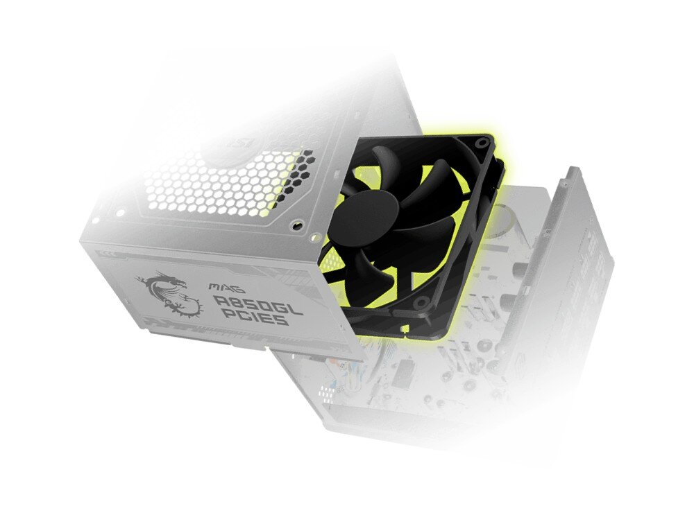 Zasilacz MSI MAG A850GL 850W 80 Plus Gold PCIe5.0 Biały zabezpieczenia wentylator stabilność