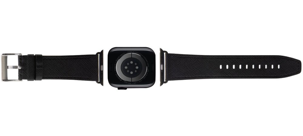 Pasek KARL LAGERFELD Saffiano Monogram do Apple Watch 42/44/45/49mm Czarny, Modowy akcent na co dzień, Pasek wraz zegarkiem pokazany od góry tyłem