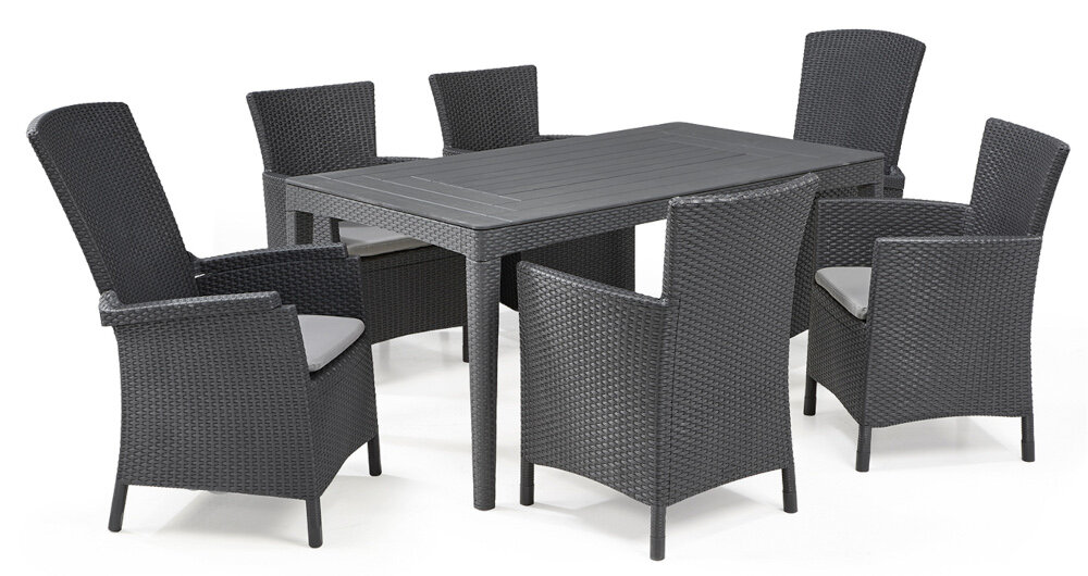 Stół KETER Girona Flat Wicker 232034 Grafitowy stół wraz z krzesłami na białym tle gładki blat z płaskim splotem imitującym rattan elegancki, naturalny wygląd styl i wygoda w otoczeniu natury