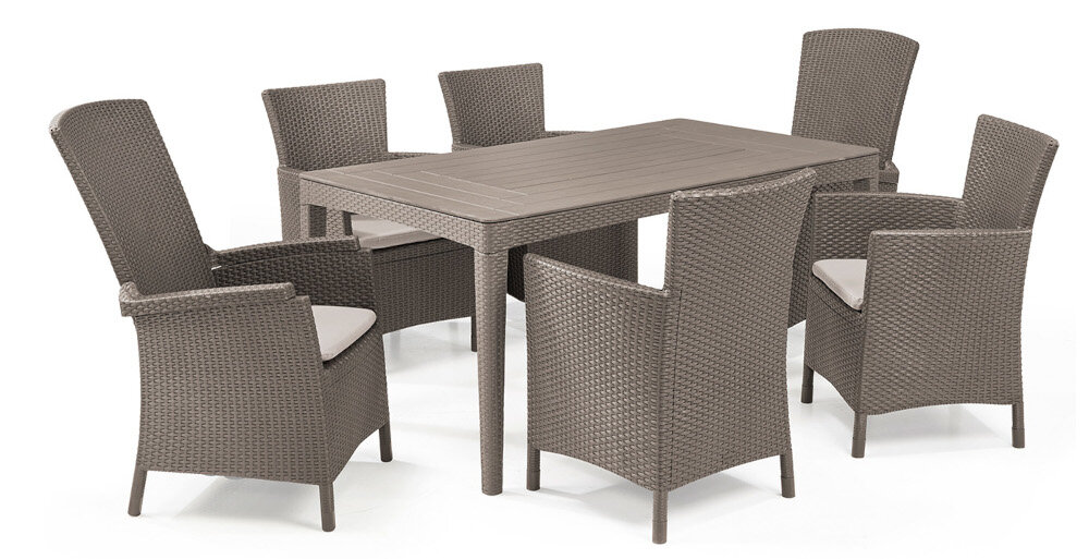 Stół KETER Girona Flat Wicker 232003 Cappuccino stół wraz z krzesłami na białym tle gładki blat z płaskim splotem imitującym rattan elegancki, naturalny wygląd styl i wygoda w otoczeniu natury