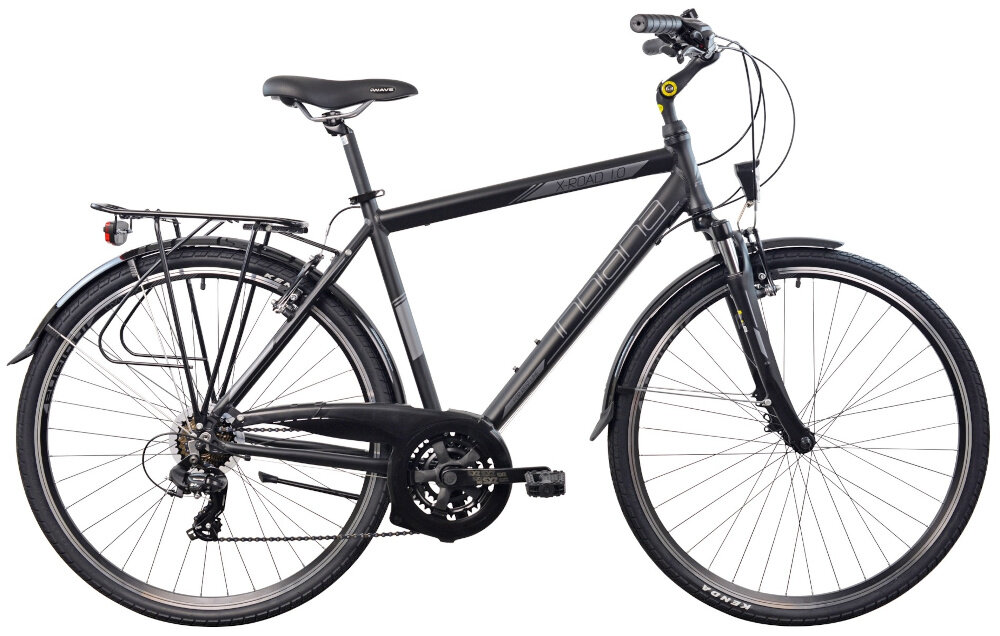 Rower trekkingowy INDIANA X-Road 1.0 M19 28 cali męski Czarny specjalne gwinty montaz uchwytu do bidonu bagaznik skladana stopka zamontowana w centralnym punkcie ciezkosci