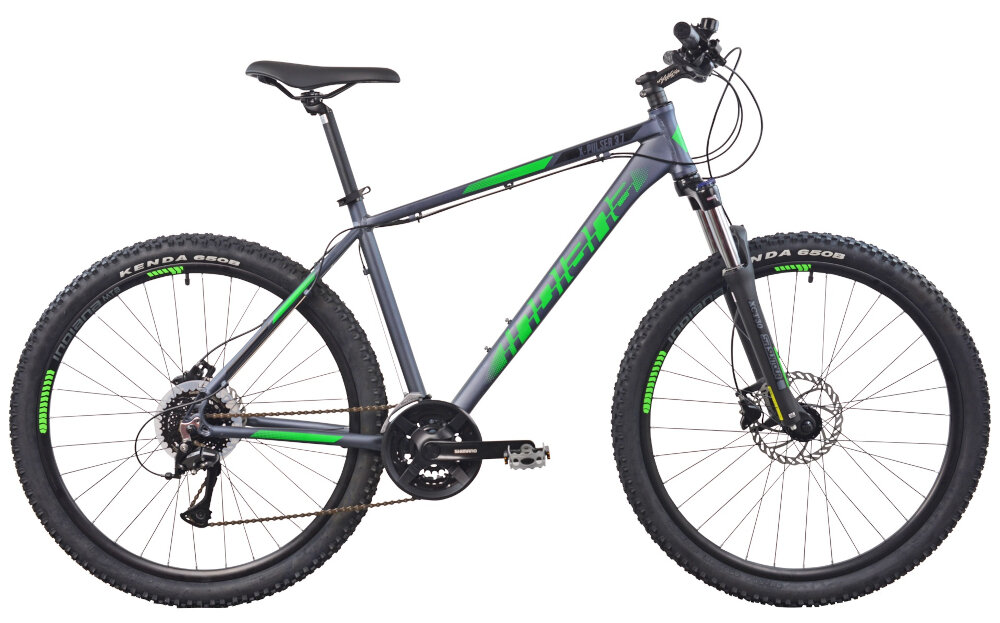 Rower górski MTB INDIANA X-Pulser 3.7 M19 27.5 cala męski Czarno-grafitowo-zielony goral dla sportowcow dla kazdego amatora zwrotny latwo wchodzi w zakrety do jazdy w miescie poza miastem w lesie na latwym i trudnym gorskim szlaku w niezbyt grzaskim blocie nie za glebokim piachu
