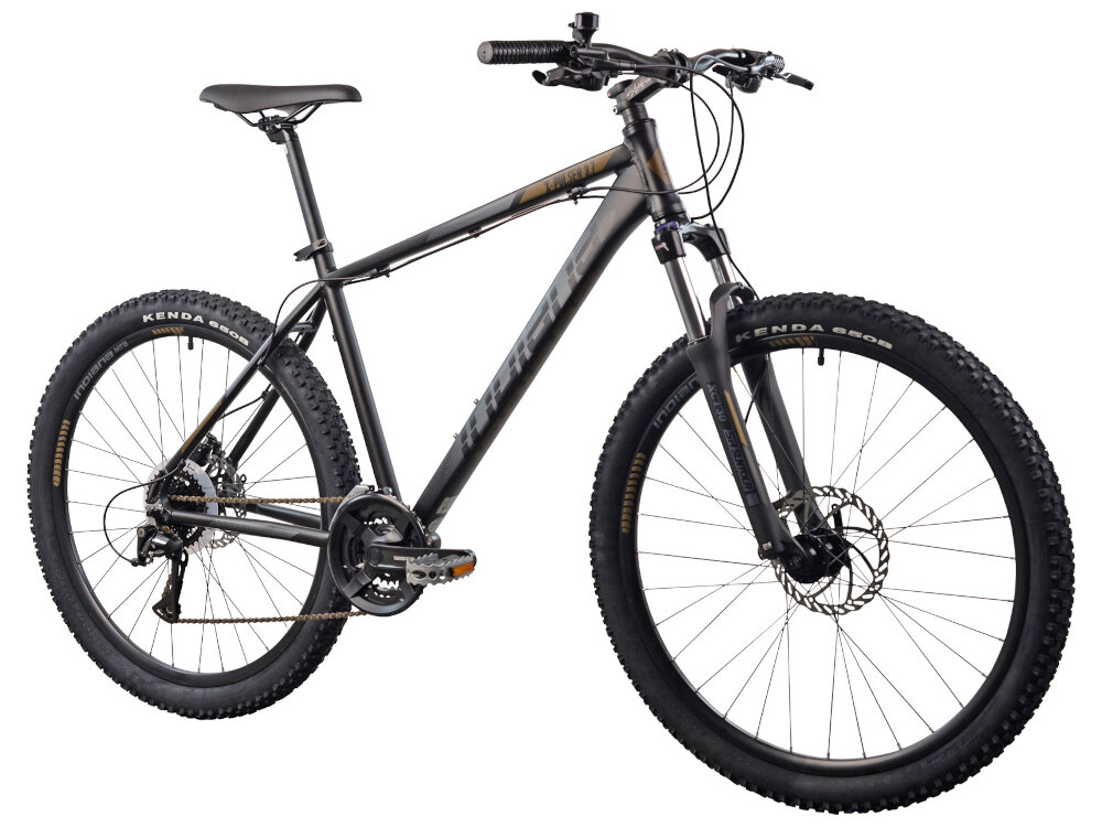 Rower górski MTB INDIANA X-Pulser 3.7 M19 27.5 cala męski Czarno-brązowy goral dla sportowcow dla kazdego amatora zwrotny latwo wchodzi w zakrety do jazdy w miescie poza miastem w lesie na latwym i trudnym gorskim szlaku w niezbyt grzaskim blocie nie za glebokim piachu