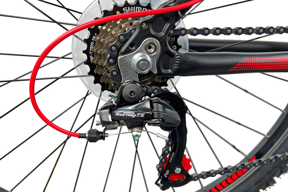 Rower górski MTB INDIANA X-Pulser 1.6 M17 26 cali męski Czarno-czerwony przerzutki na przod i na tyl renomowanej marki SHIMANO 21 biegow przrzutki SHIMANO Tourney do rekreacyjnej jazdy duza wytrzymalosc sprawne dzialanie plynna bezproblemowa zmiana biegow