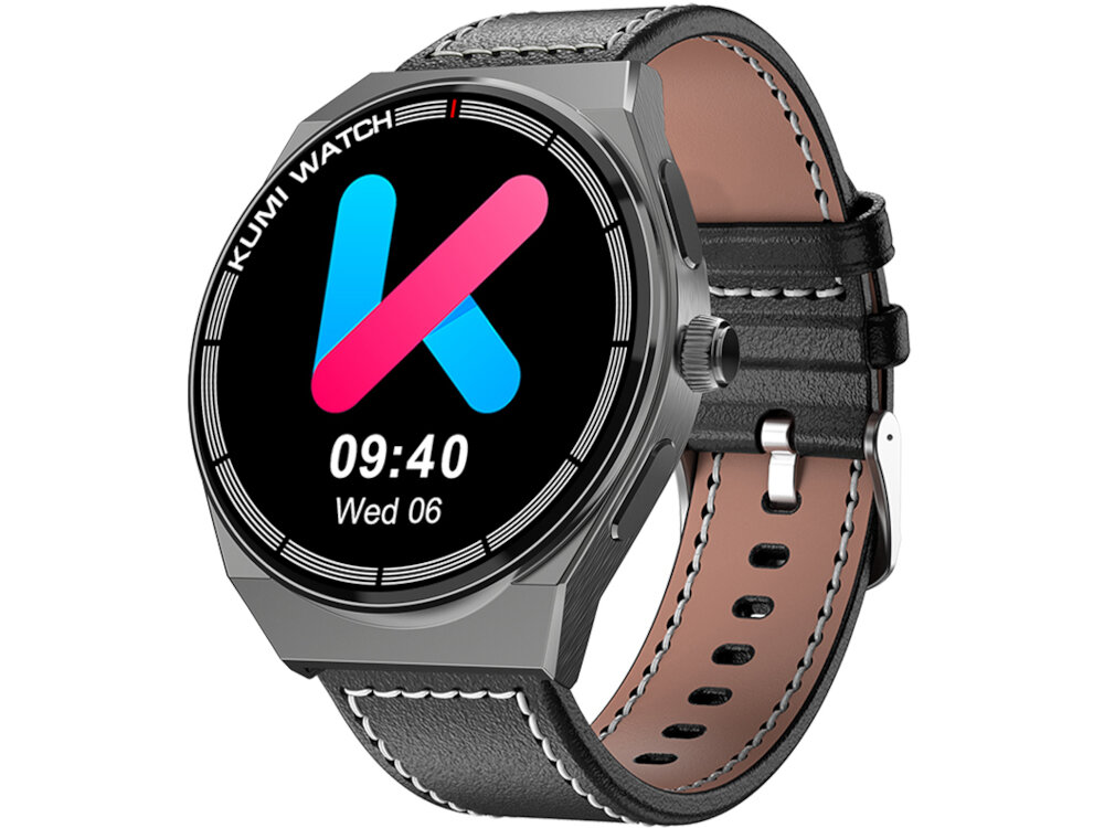 Smartwatch KUMI GT5 Max Szary klasyczny okragly ekrn z wysokiej jakosi materialow najwyzszy poziom ochrony bransoleta ze skory wytrzymaly latwo utrzymac w czystosci