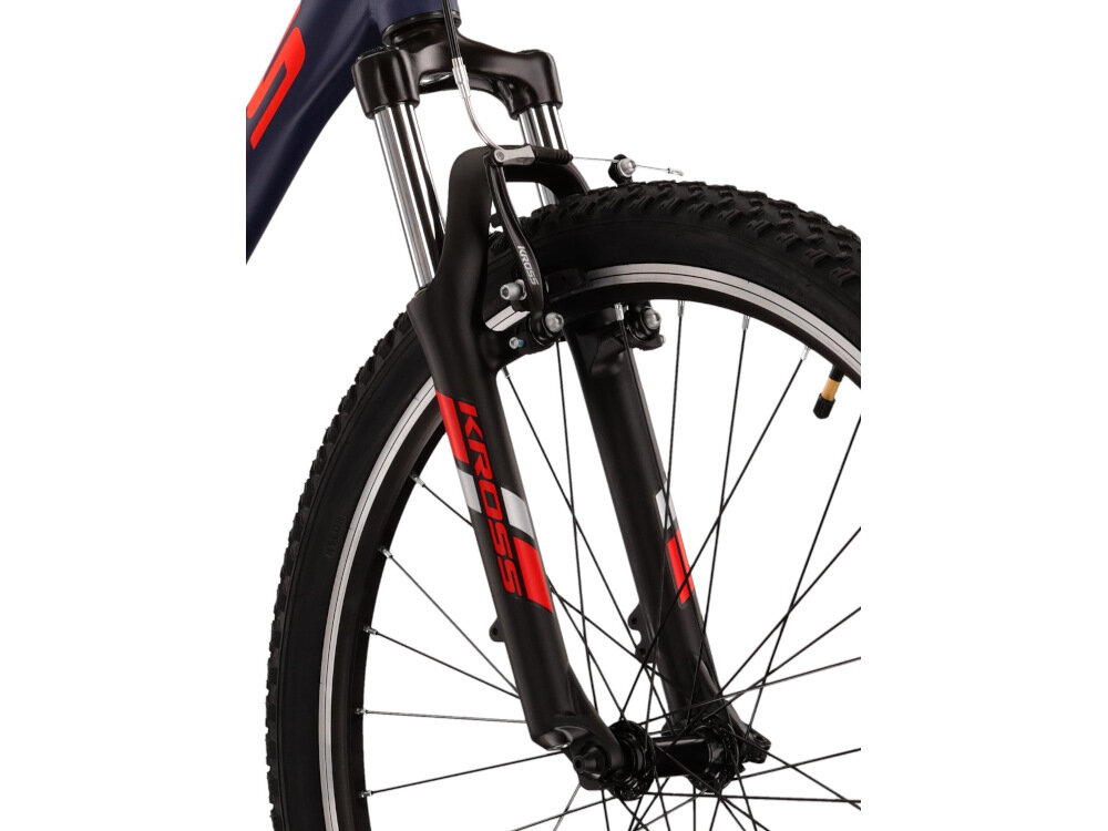 Rower górski MTB KROSS Hexagon 1.0 M19 26 cali męski Granatowo-czerwony rower typu hardtail przedni amortyzator ZOOM typ Forgo565 ulatwia najezdzanie na przeszkody niweluje wstrzasy na kierownicy duza sztywnosc regulacja sprezyna
