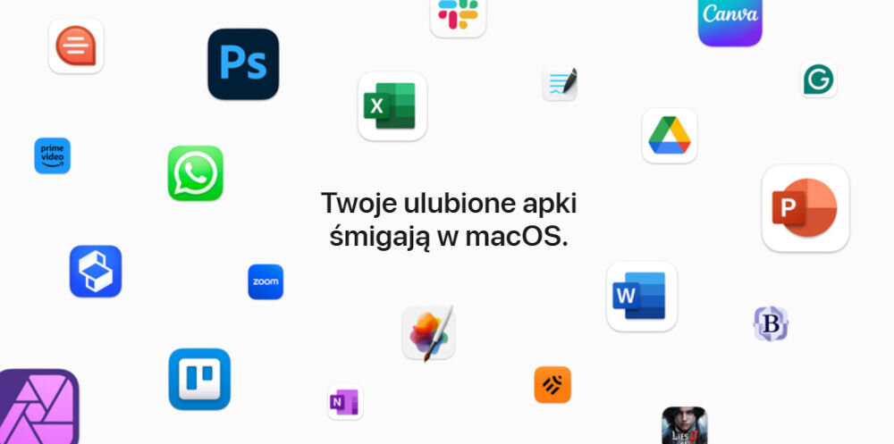 Laptop APPLE MacBook Pro 2023 14 Retina M3 8GB RAM 2TB SSD macOS Srebrny
					potężne wbudowane apki, wbudowane aplikacje APPLE, FaceTime, Freeform, zdjęcia, Keynote,
					ikonki aplikacji na białym tle, napis Twoje ulubione apki śmigają w macOS