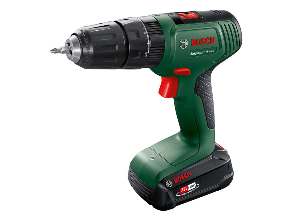 Wiertarko-wkrętarka udarowa BOSCH EasyImpact 18V-40 Zestaw-wkrętarka BOSCH EasyImpact 18V-40 Zestaw uchwyt wiertarski metalowy mocowanie wkretow w zakresie 2-13 mm beznarzedziowy wymiana jedna reka praca bezpieczna latwa