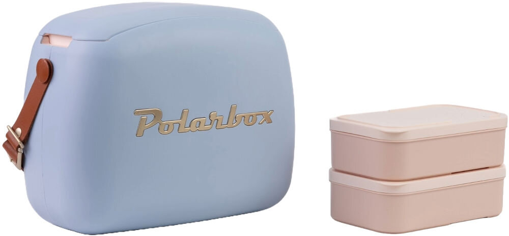 Lodówka POLARBOX Bruma Gold 9346 kompaktowe wymiary waga 1kg skórzany pasek łatwe przenoszenie dwa dodatkowe pojemniki pojemnośc 1 l mycie w zmywarce podgrzewanie w kuchence mikrofalowej świeże posiłki w domu w podróży 