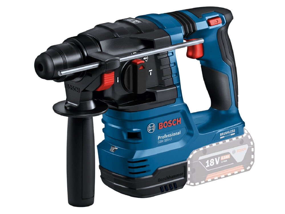 Młot udarowo-obrotowy BOSCH Professional GBH 185-LI 0611924020 młot na białym tle widoczny od przodu pod skosem wyszarzony akumulator wiercenie i dłutowanie w twardych materiałach do montażu elementów konstrukcyjnych instalacjach elektrycznych przy pracach remontowych