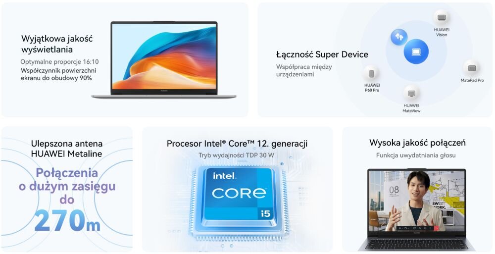 NOTEBOOK HUAWEI MATEBOOK D14 53013XFF   ekran wydajność grafika karta procesor taktowanie pojemność bateria ładowanie pamięć ram rom wyświetlacz rozdzielczość kamerka system klawiatura porty 
