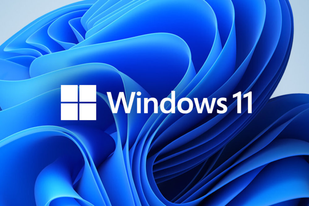 Grafika przedstawiająca logo systemu Windows 11 na tle niebieskich, abstrakcyjnych kształtów przypominających złożone płatki lub fale. -  Windows 11 menu Start pasek 