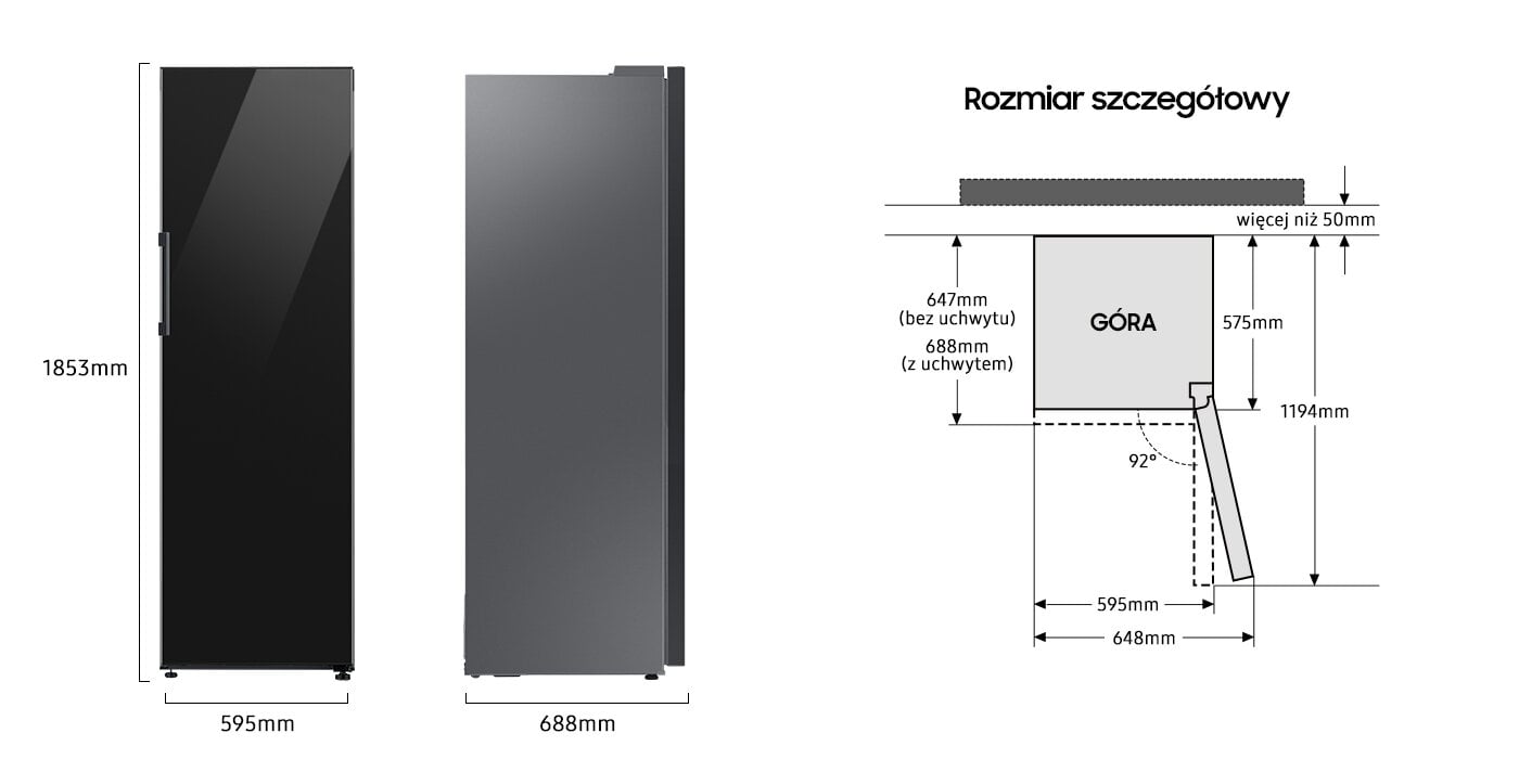 Chłodziarka Samsung Bespoke RR39C76C322 przedstawiona z trzech stron - z przodu, z boku i z góry