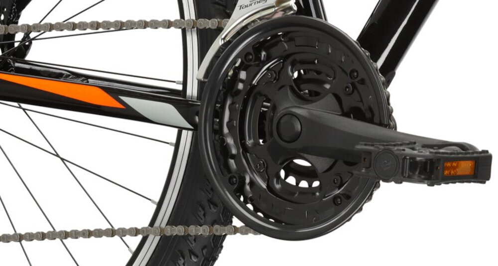 Rower górski MTB KROSS Hexagon 2.0 M17 27.5 cali męski Czarno-pomarańczowy lekka wydajna konstrukcja korby Weel Top 24-34-42T/170 mm FP-B902 wolnobieg SHIMANO TZ500 14-28T niezrownana solidnosc wytrzyma bardzo duzy nacisk na pedaly