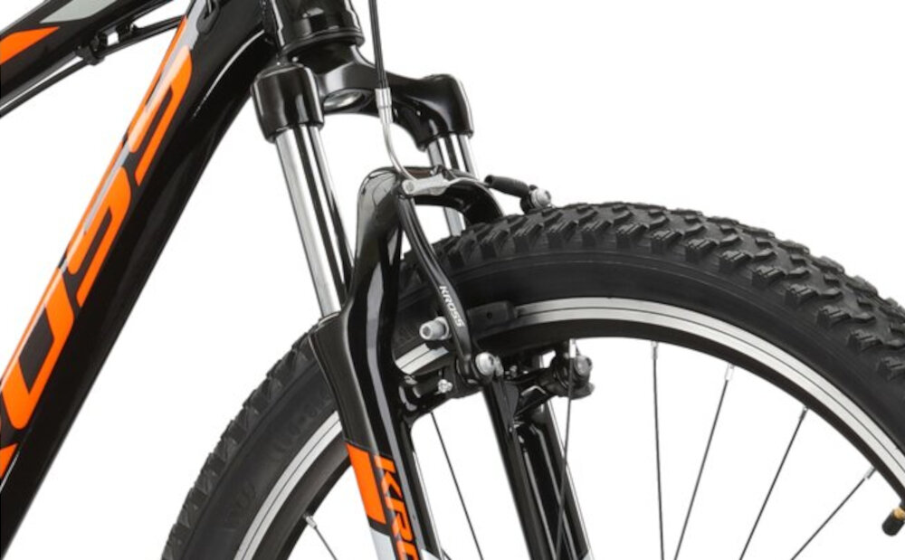 Rower górski MTB KROSS Hexagon 2.0 M17 27.5 cali męski Czarno-pomarańczowy rower typu hardtail przedni amortyzator KROSS 80 mm niweluje wstrzasy do jazdy na nierownej wyboistej nawierzchni
