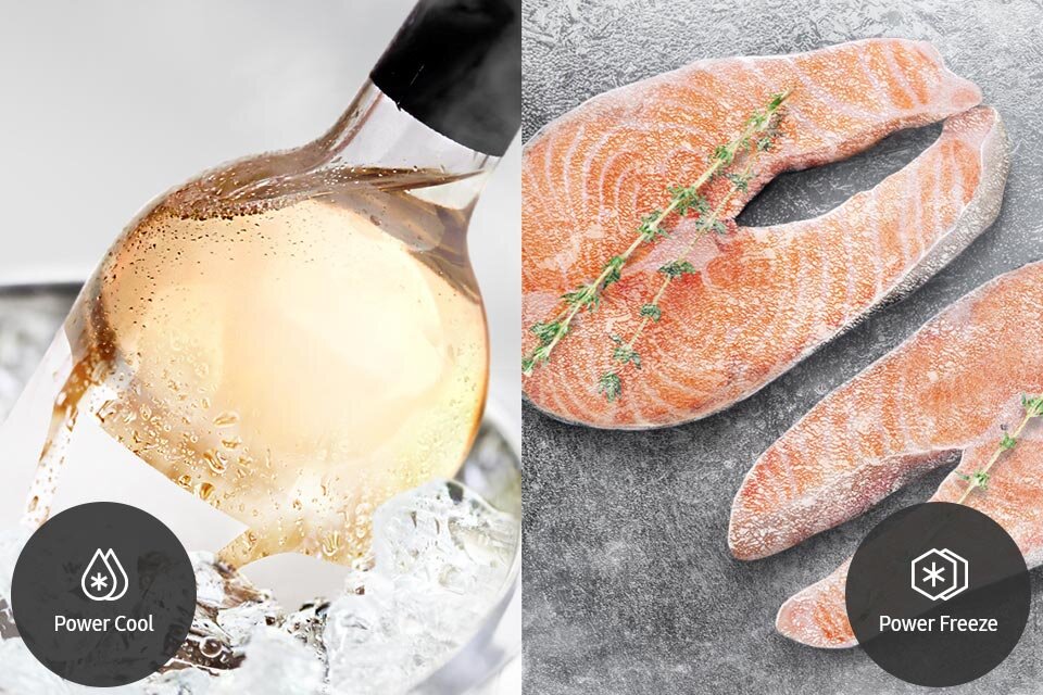 прискорити глибоке заморожування та охолодження напоїв за допомогою практичних функцій, які використовуються в холодильнику з морозильною камерою Samsung