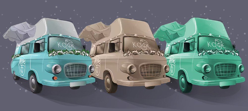 Program COREL CorelDRAW Graphics Suite 2024 Ilustracja przedstawiająca trzy stylizowane food trucki w pastelowych kolorach, ozdobione roślinnymi dekoracjami i napisem, bezstratna edycja, modyfikacja, poradniki, szkolenia