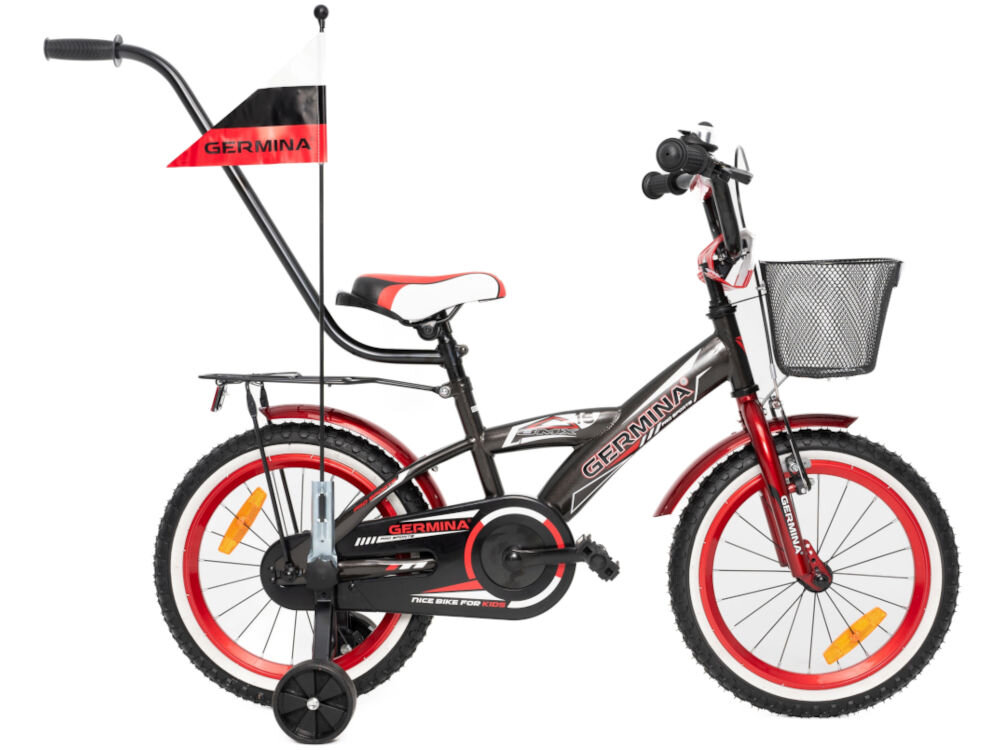 Rower dziecięcy GERMINA BMX 16 cali dla chłopca Czarno-czerwony rowerek jazda na rowerze nauka jazdy