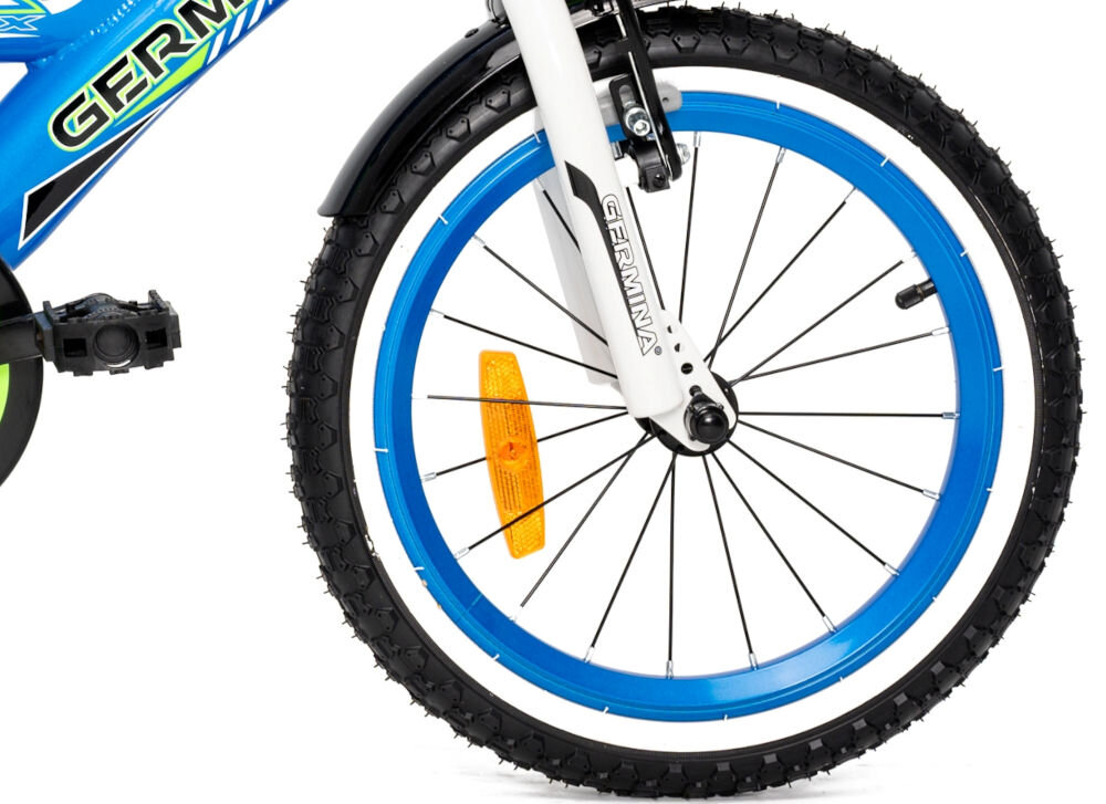 Rower dziecięcy GERMINA BMX 16 cali dla chłopca Niebieski koła jednoślad przygoda boczne kółka faza nauki łańcuch osłona błotniki 