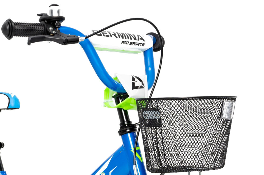 Rower dziecięcy GERMINA BMX 16 cali dla chłopca Niebieski uchwyty kierownicy antypoślizgowy materiał wyprofilowane kontrola nad pojazdem pewność uroki jazdy koszyk 