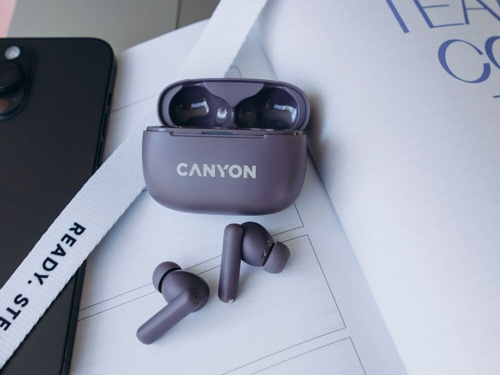 Słuchawki dokanałowe CANYON OnGo 10 ANC parowanie sluchawki telefon na stole 