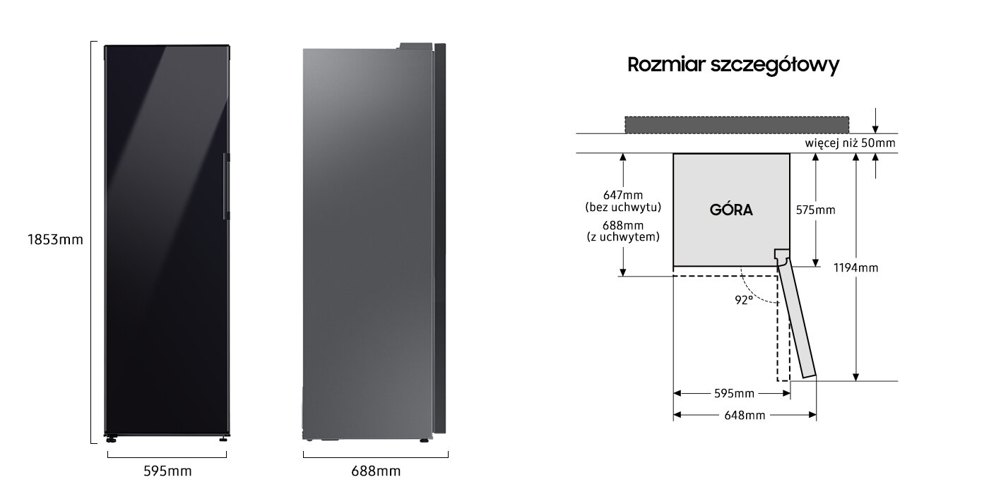 Szczegółowe wymiary zamrażarki Samsung z oferty Media Expert przedstawione na schemacie