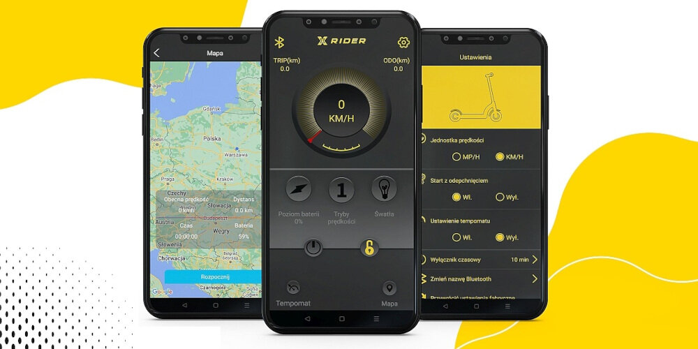 Hulajnoga elektryczna XRIDER M10 LIGHT+ Czarny aplikacja XRIDER kontrola nad funkcjami pojazdu mozliwosc rejestrowania trasy przegladanie w mapie Google dla systemu Android i urzadzen iPhone