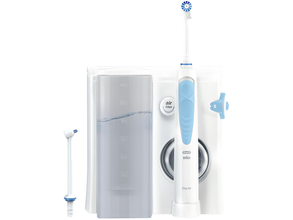 Irygator ORAL-B Oral Health Center czyste zęby irygator podstawa pokrętło do intensywności biało błękitna zbiornik końcówki