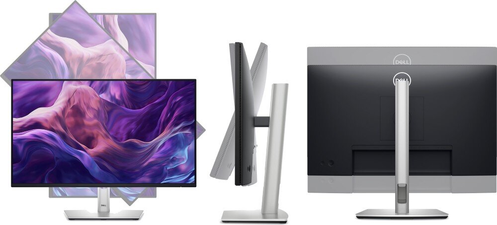 Monitor DELL P2425HE 23.8 1920×1080px IPS 100Hz  trzy ujęcia monitora: na wprost, od boku i od góry z efektami ilustrującymi możliwość regulacji podstawa wysokość nachylenie pivot