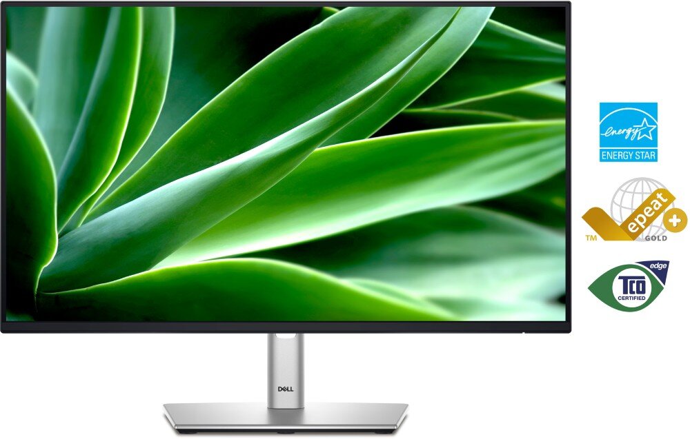 Monitor DELL P2425HE 23.8 1920×1080px IPS 100Hz  monitor z wyświetlaną fotografią liści z ikonami certyfikatów znajdującymi się obok ekologia środowisko recykling