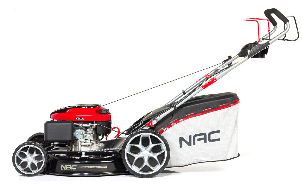 Kosiarka spalinowa NAC LS56-196L-HSDS-JR Loncin z napędem 560mm 3.2kW kola duze lozyskowe rozmiar 17 cm na przod 28 cm na tyl zmniejszaja opory torzenia