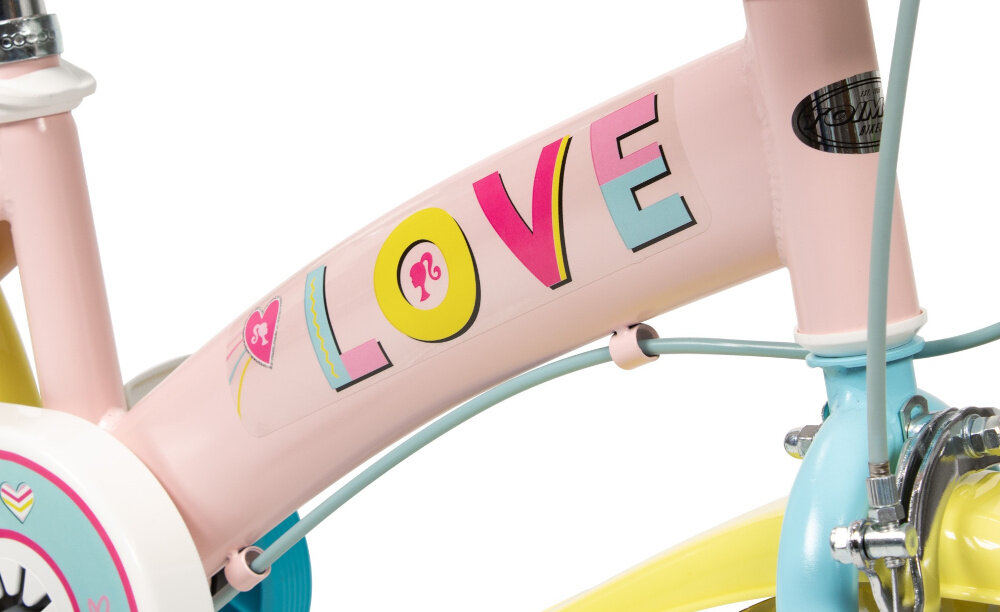 Rower dziecięcy TOIMSA Barbie 12 cali dla dziewczynki Różowy rower na białym tle zbliżenie na ramę odpowiednio wyselekcjonowane materiały stalowa rama dostosowana do najmłodszych geometria ponadprzeciętna odporność na uszkodzenia mechaniczne i działanie czynników zewnętrznych wybór rozmiaru ramy Twój wzrost mierzony w zrelaksowanej pozycji typ dla dzieci o wzroście od 85 do 105 cm