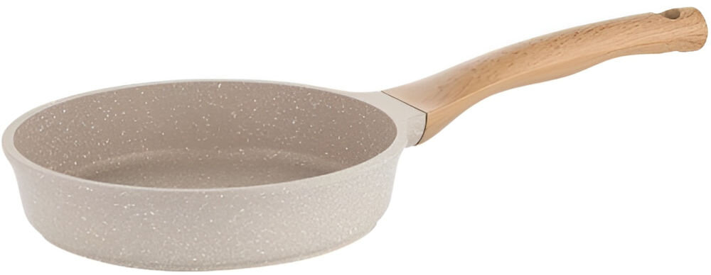 Patelnia aluminiowa FLORINA Oslo 20CM Kremowy do każdej kuchni patelnia leży bokiem kremowa marmurkowa rączka imituje drewno białe tło