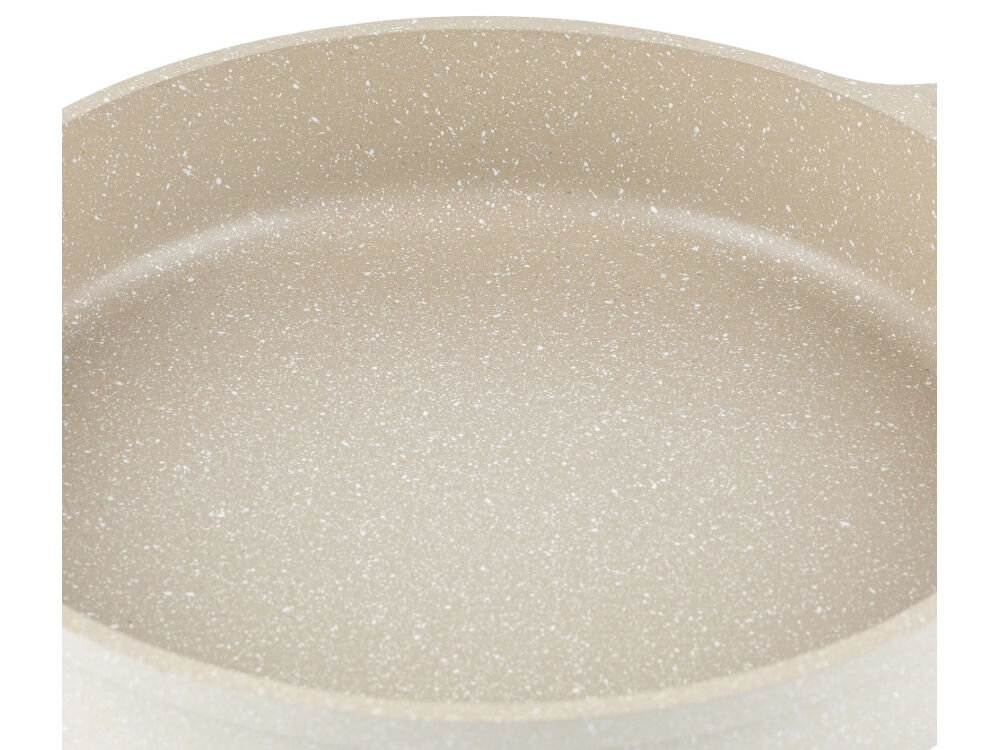 Patelnia aluminiowa FLORINA Oslo 20CM Kremowy zbliżenie na dno kremowy kolor marmurkowy białe tło piękny design wyjątkowa funkcjonalność ceramiczna powłoka optymalne przewodzenie ciepła komfort gotowania estetyka kuchennych akcesoriów jakość praktyczność  