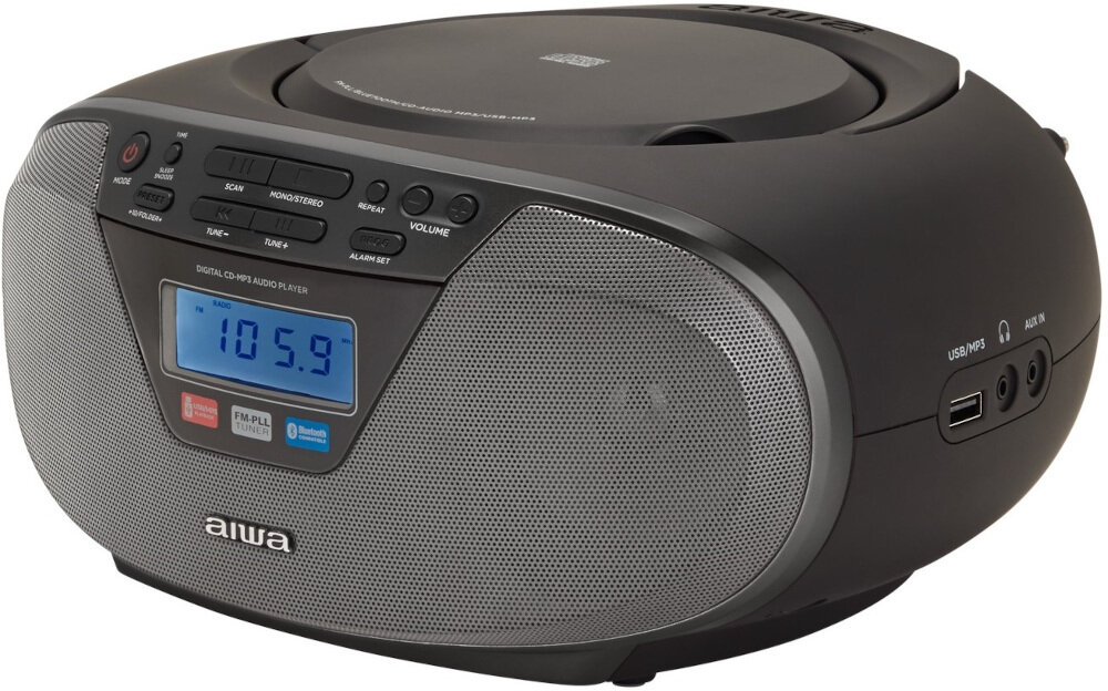 Radioodtwarzacz AIWA BBTU-400BK - Zasilanie w dwóch trybach, Radioodtwarzacz po skosie na białym tle