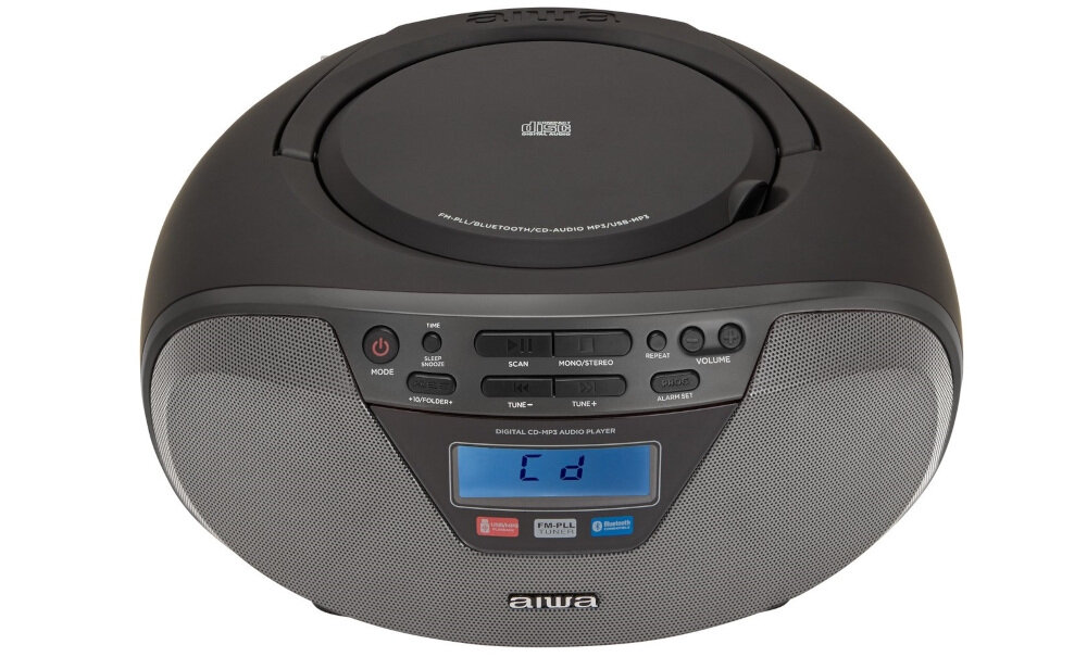 Radioodtwarzacz AIWA BBTU-400BK - Dobra jakość odsłuchu, Radioodtwarzacz od frontu na białym tle
