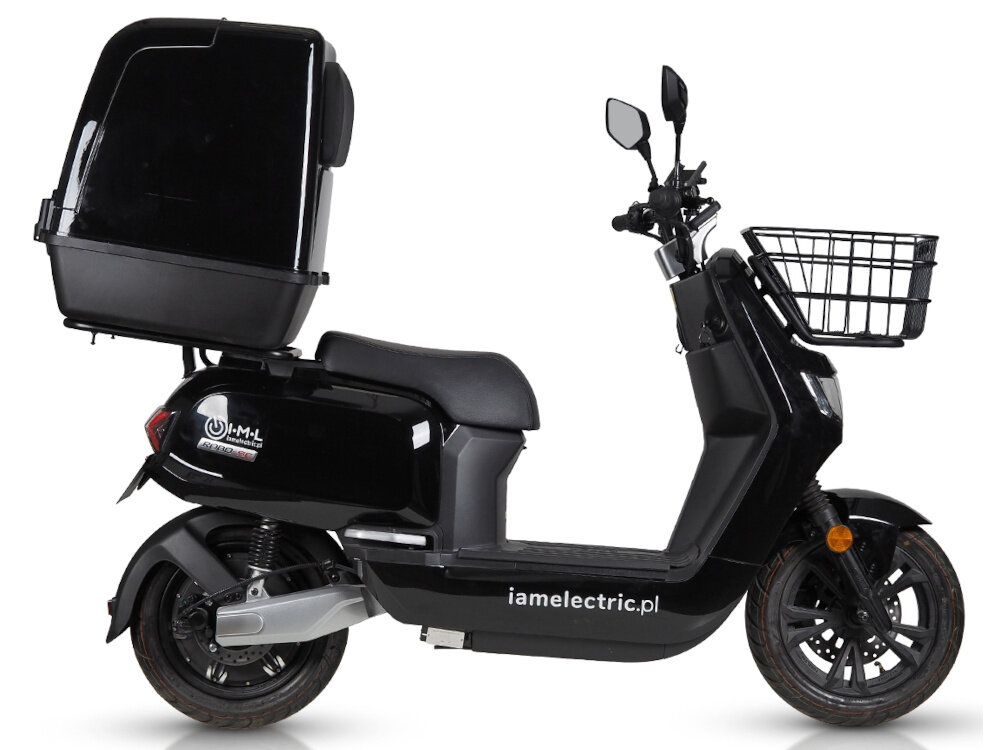 Skuter elektryczny IML Sunra Robo-SC Delivery Czarny dwie wyciagane baerie litowo-jonowe pojemnosc 2 x 72 V 20 Ah zasig do 130 km czas ladownaia 4 godziny zywotnosc do 1000 cykli