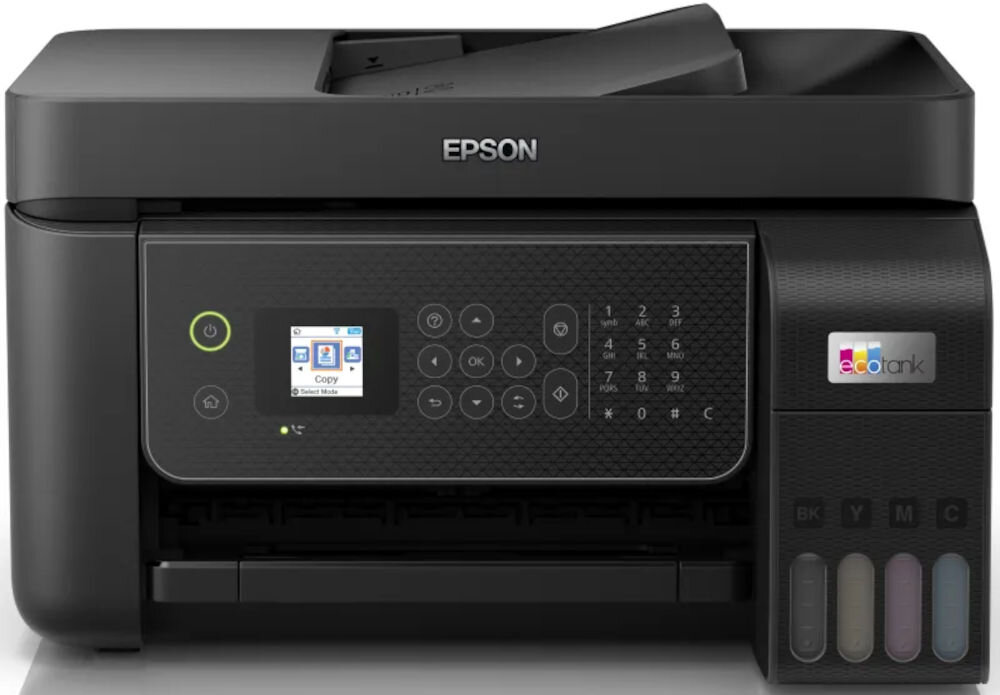 Багатофункціональний принтер EPSON EcoTank L5310 Кольоровий друк, Wi-Fi, вигляд пристрою спереду на білому фоні, система без картриджів, зменшення відходів, чорнильні контейнери
