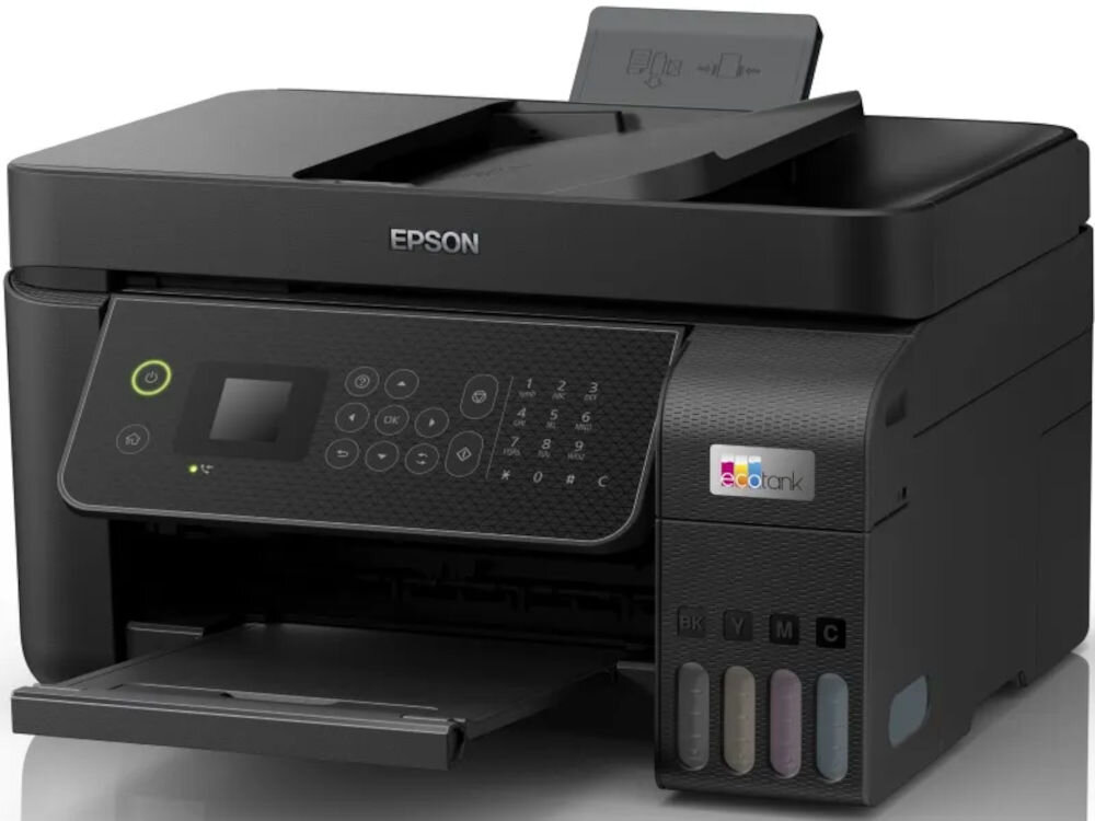 Багатофункціональний принтер EPSON EcoTank L5310 Кольоровий друк, Wi-Fi Фронтальний кутовий огляд на світлому фоні Обробка паперу від 64 до 300 г/м² для різних застосувань Гнучкість